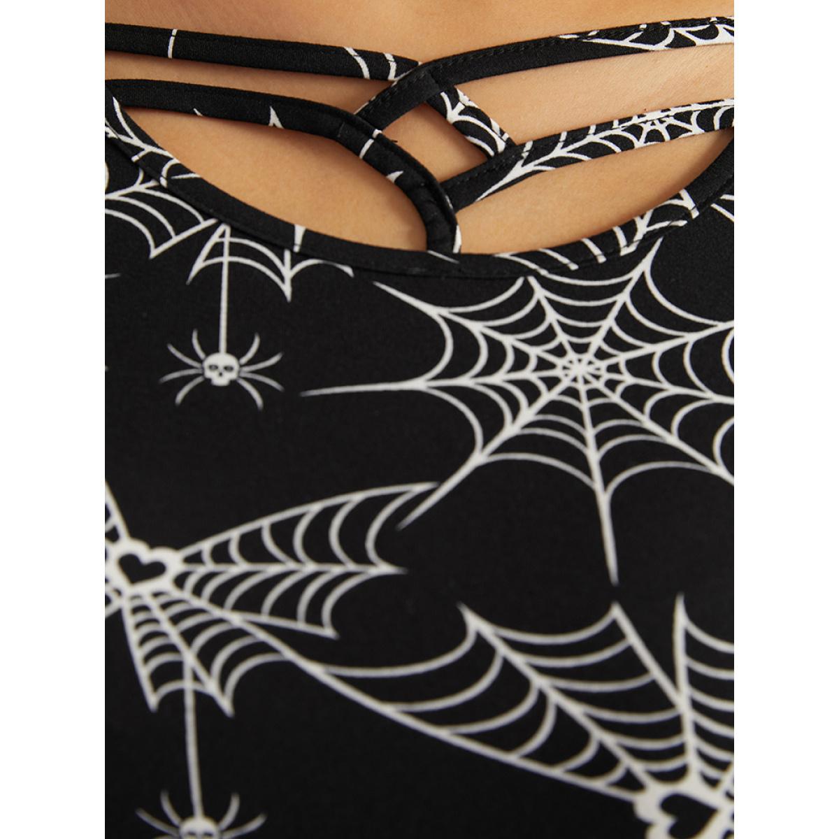 Plus Size Halloween Print Pocket Elastic Waist Crisscross Dress Black Women Casual Printed Round Neck Long Sleeve Curvy Midi Dress BloomChic 30/6X Product Image