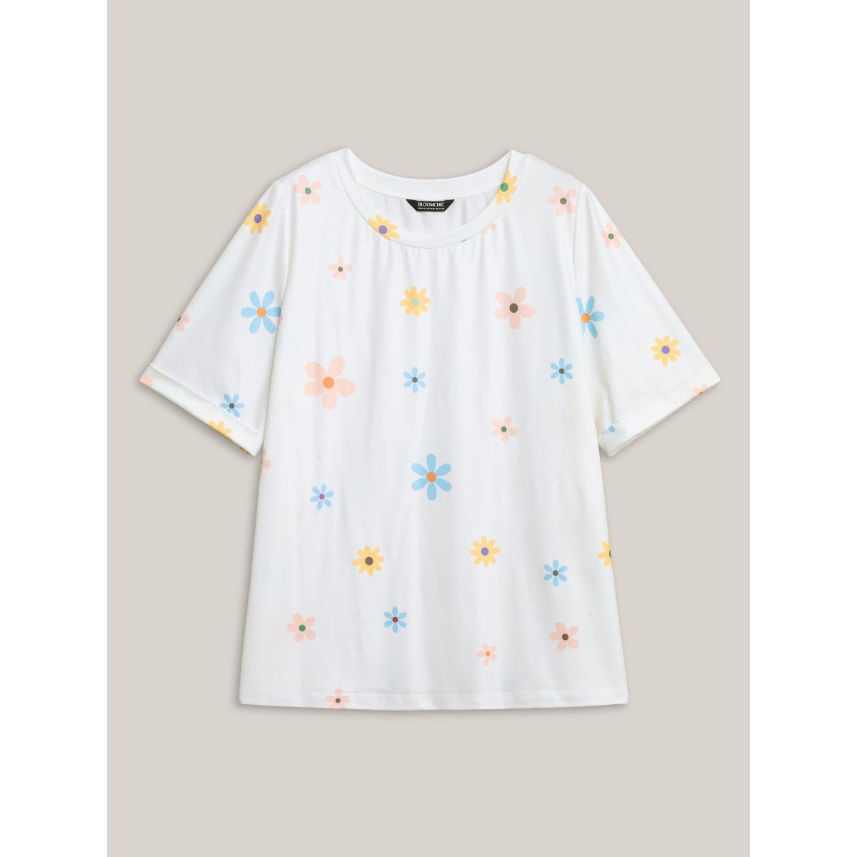 Plus Size Stretchy Floral Print Round Neck T-Shirt WhiteSmoke Women Roll Hem Round Neck Everyday-Casual T-shirts BloomChic 14-16/1X Product Image