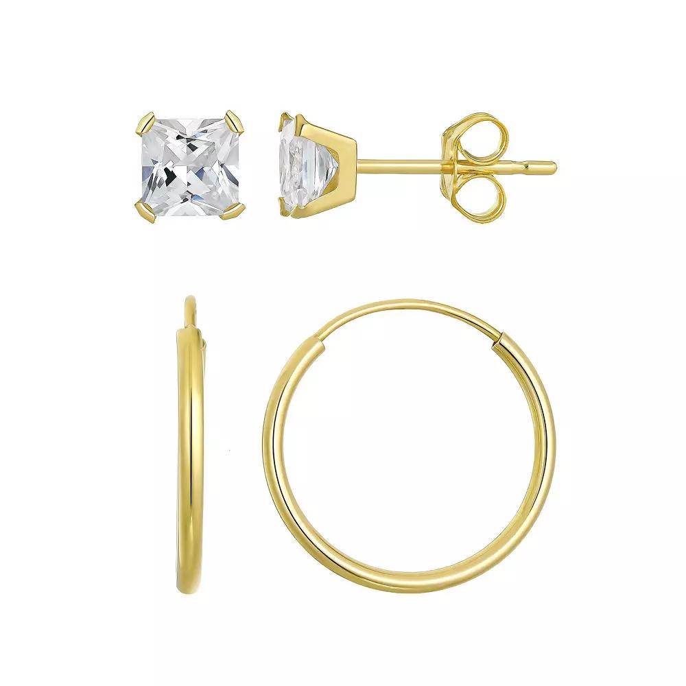 Taylor Grace 10k Gold 3 mm Square Cubic Zirconia Stud & 10 mm Hoop Earring Set, Women's Product Image