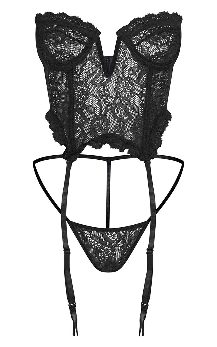 Black Lace Frill Underwired Corset Lingerie Set Product Image