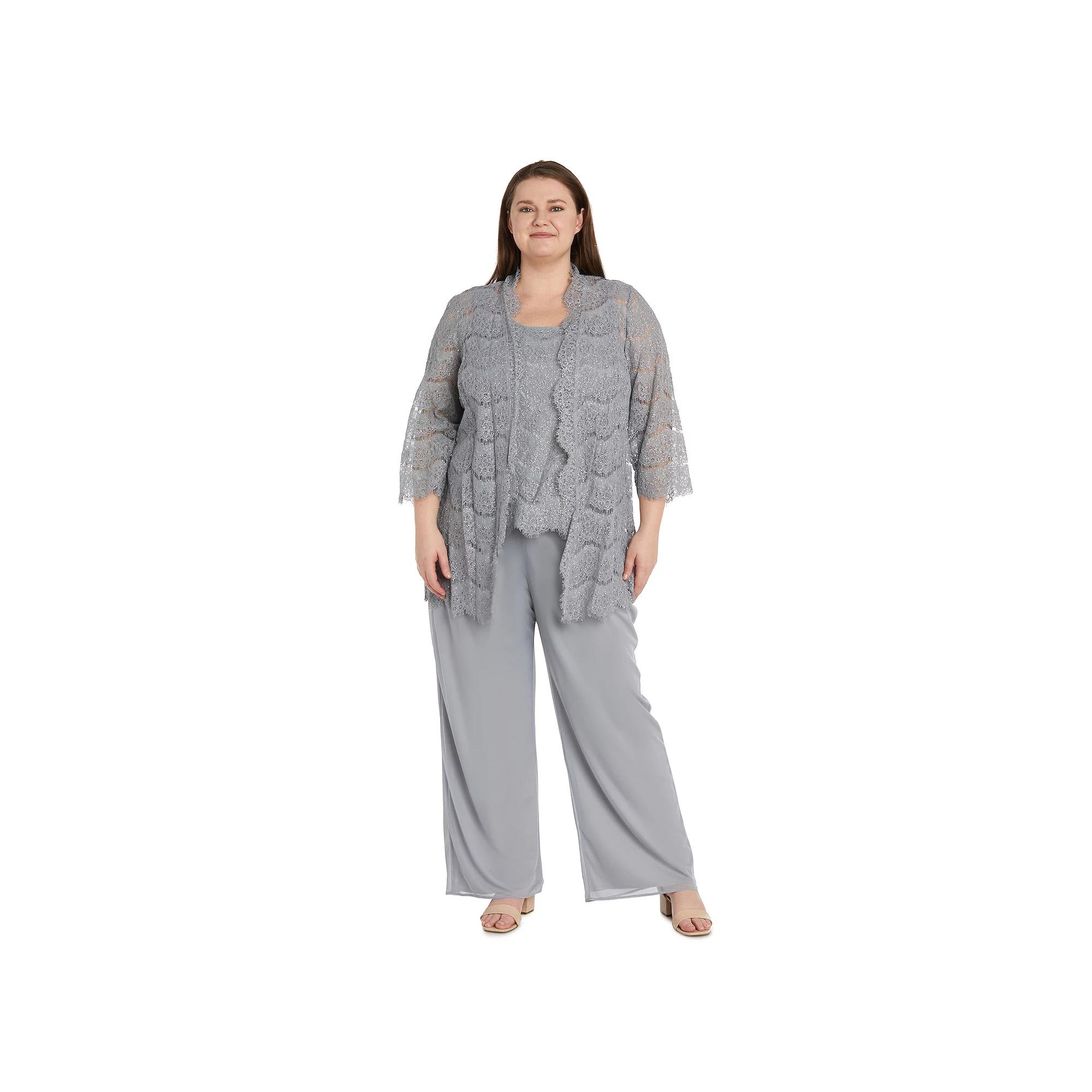 Plus Size R&M Richards 3-pc. Lace Tank, Jacket & Jersey Chiffon Pant Set, Women's, Size: 20 W, Silver Product Image