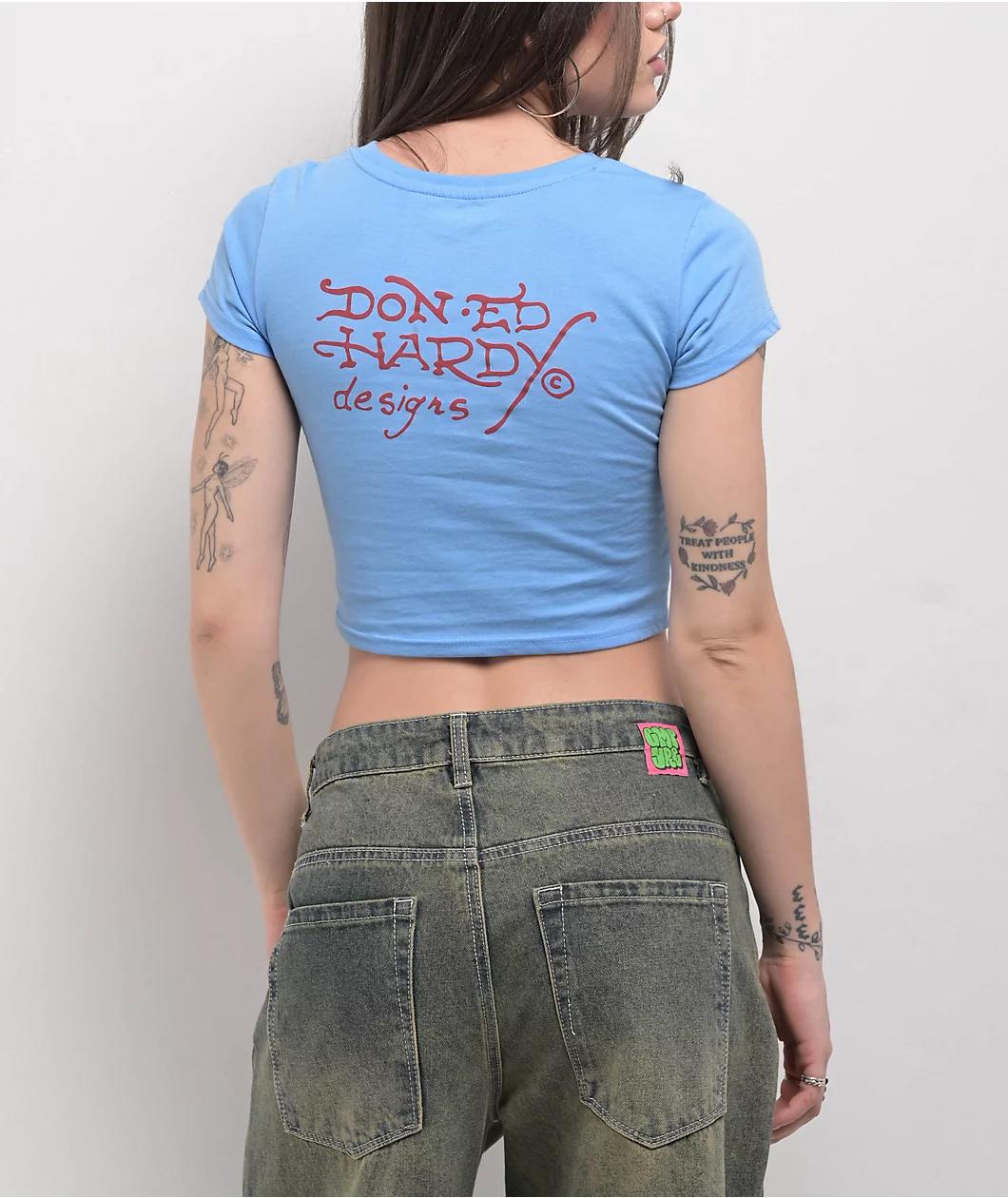 Ed Hardy Devil Panther Powder Blue Crop T-Shirt Product Image