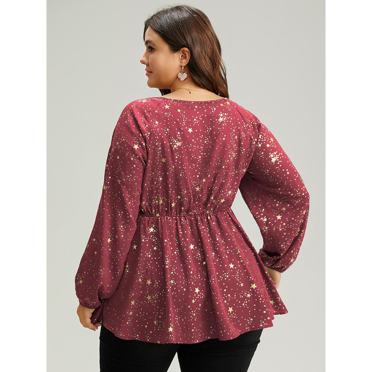 Plus Size Scarlet Star Glitter Square Neck Twist Front Blouse Women Glamour Long Sleeve Square Neck Festival-Christmas Blouses BloomChic 10/M Product Image