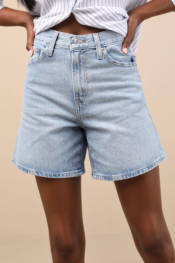 Baggy Light Wash Denim High-Rise Long Shorts Product Image