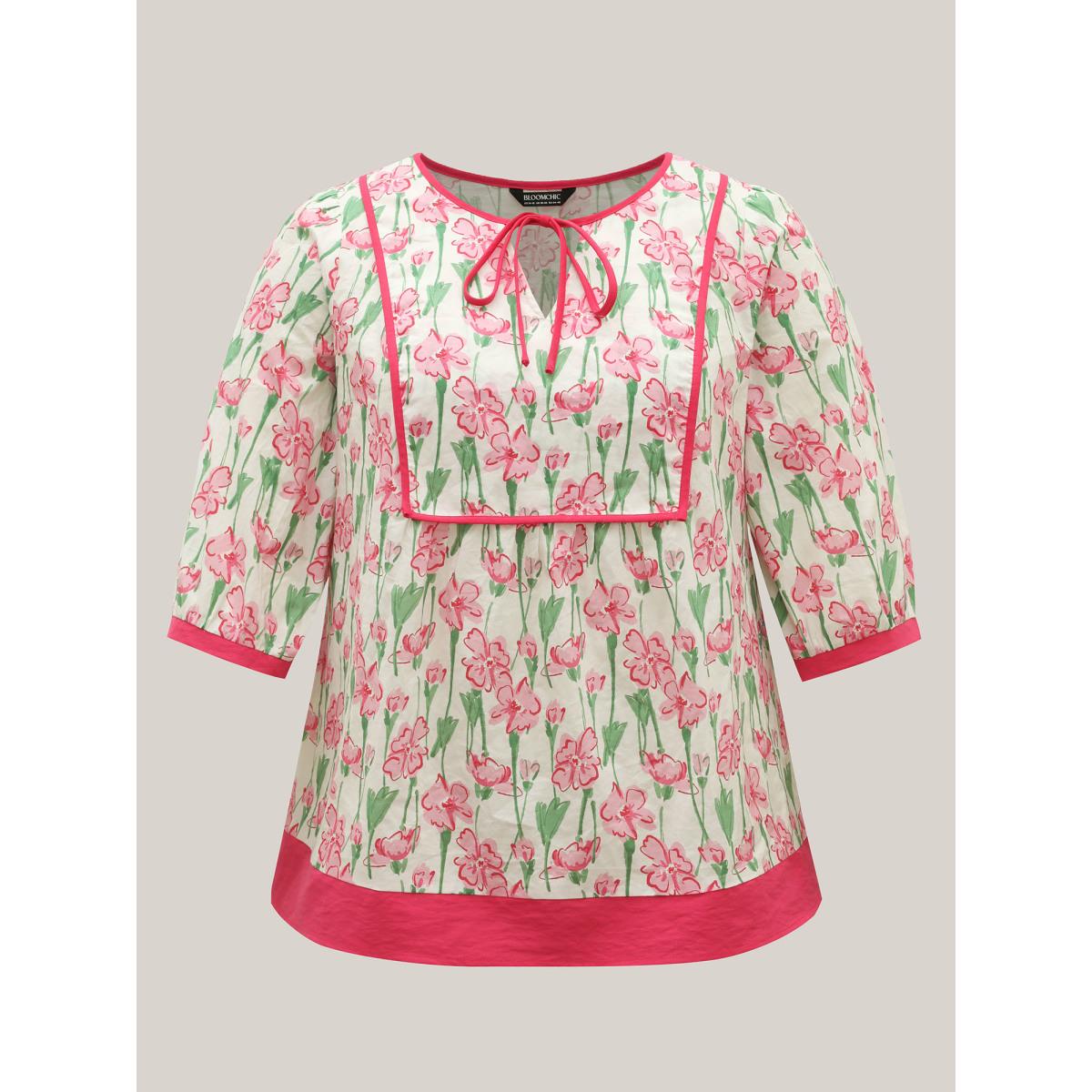 Plus Size Multicolor Blushing Floral Print Seamed Contrast Blouse Women Elbow-length sleeve V-neck Everyday-Casual Blouses BloomChic 26/4X Product Image