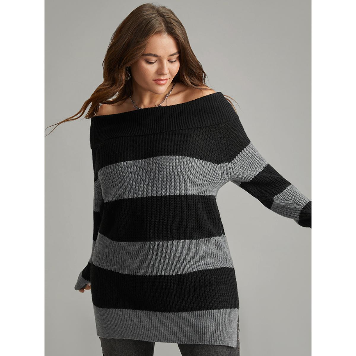 Plus Size Colorblock Drop Shoulder Lapel Collar Pullover Black Women Casual Loose Long Sleeve Lapel Collar Festival-Halloween Pullovers BloomChic 12/L Product Image