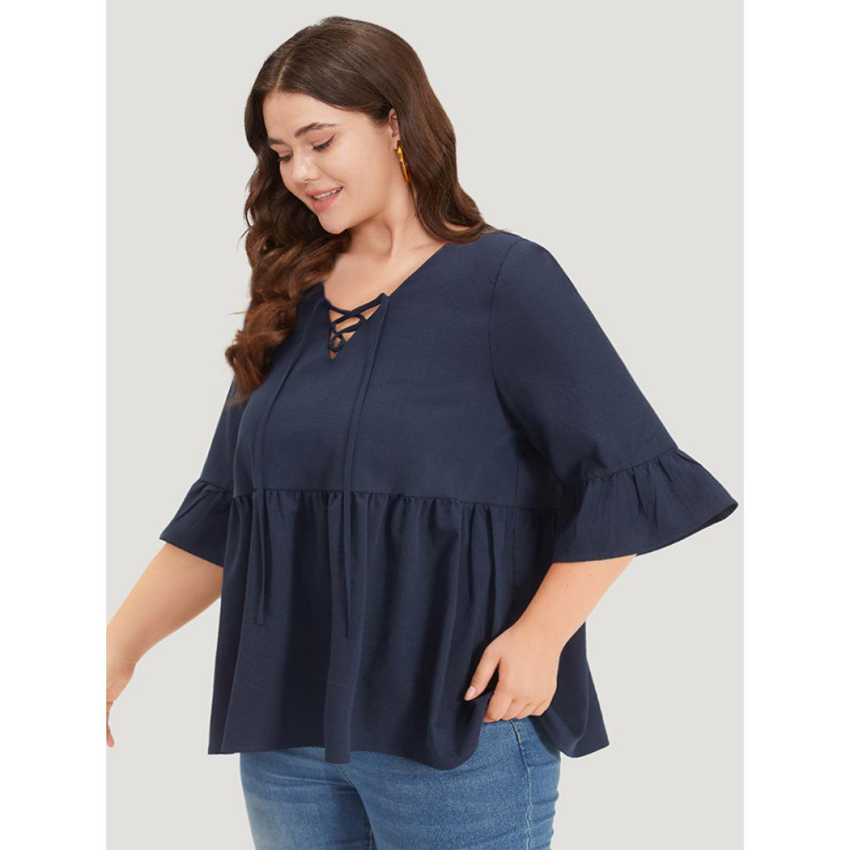 Plus Size Indigo Plain Lace Up Flutter Gathered Bell Sleeve Blouse Women Elegant Elbow-length sleeve Tie Neck Dailywear Blouses BloomChic 12/L Product Image
