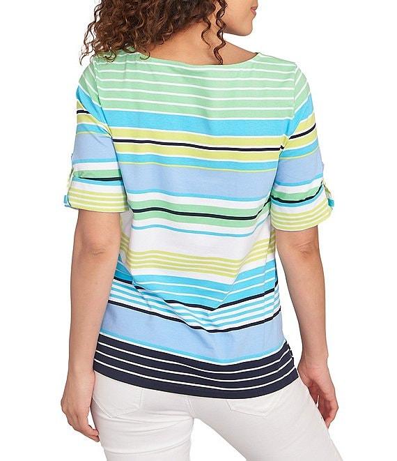Ruby Rd. Knit Multi Stripe Boat Neck Short Roll-Tab Sleeve Top Product Image