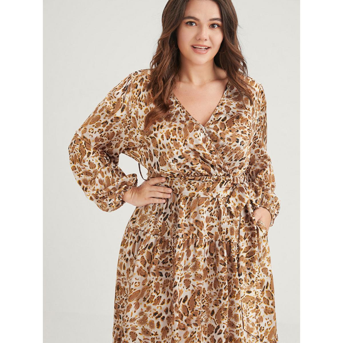 Plus Size Leopard Pocket Surplice Neck Lantern Sleeve Ruffles Belted Maxi Dress Leopard Women Elegant Printed Long Sleeve Curvy Long Dress BloomChic 22-24/3X Product Image