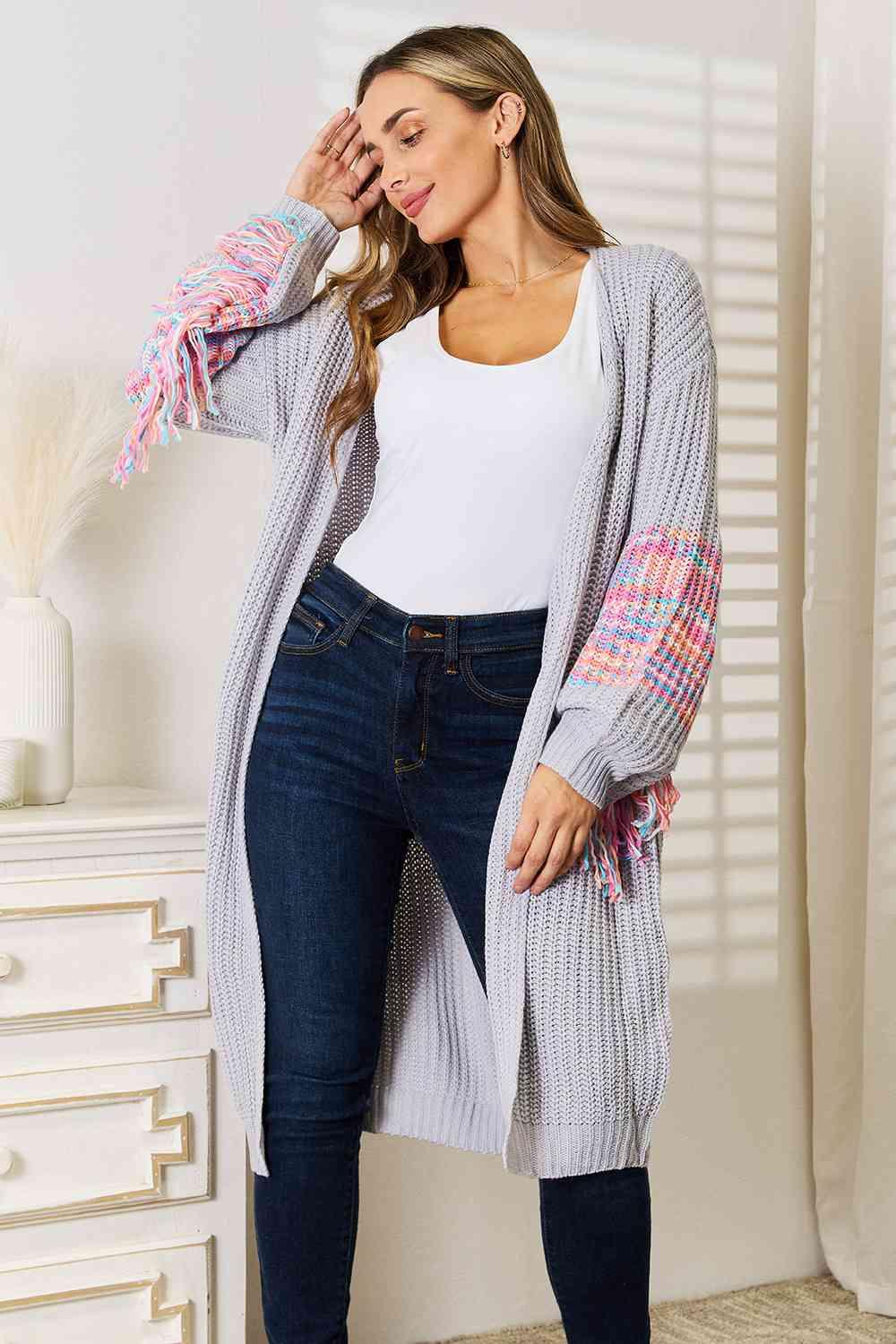 Woven Right Fringe Sleeve Dropped Shoulder Cardigan Product Image