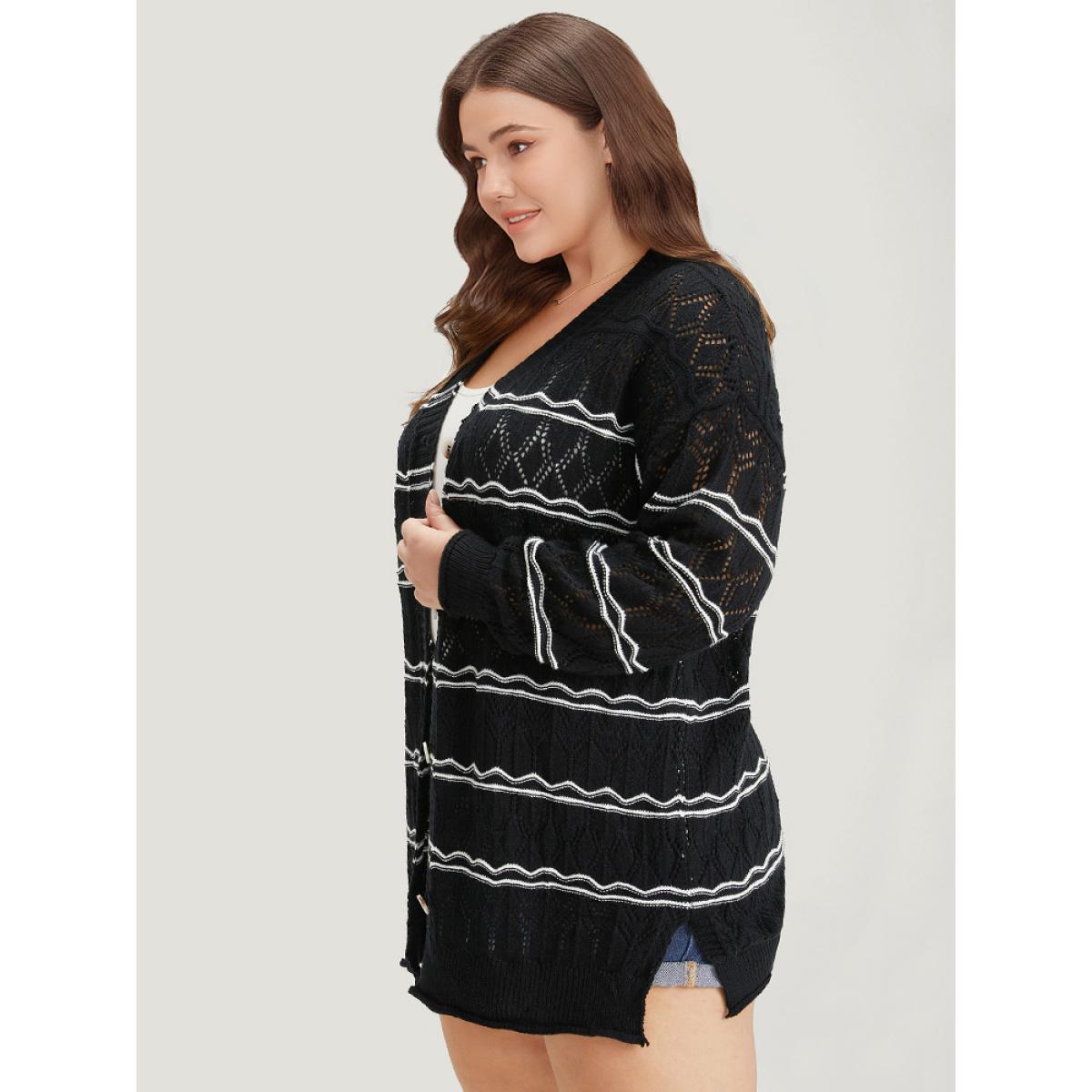 Plus Size Striped Geometric Button Through Cardigan Black Women Casual Loose Long Sleeve Dailywear Cardigans BloomChic 10/M Product Image