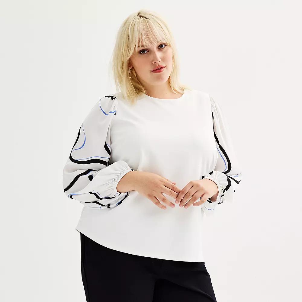 Plus Size Nine West Mixed Long Puff Sleeve Crewneck Top, Women's, Size: 5XL, White Knight Product Image