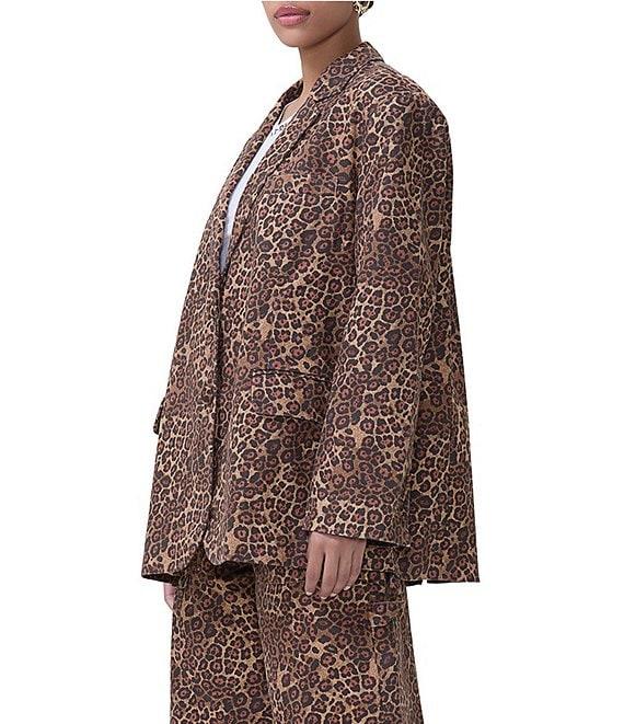 AFRM Joette Denim Leopard Print Notch Collar Neck Long Sleeve Blazer Product Image