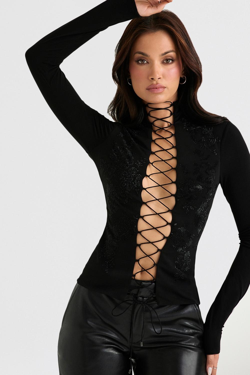 Lori  black crystallised lace up top Product Image