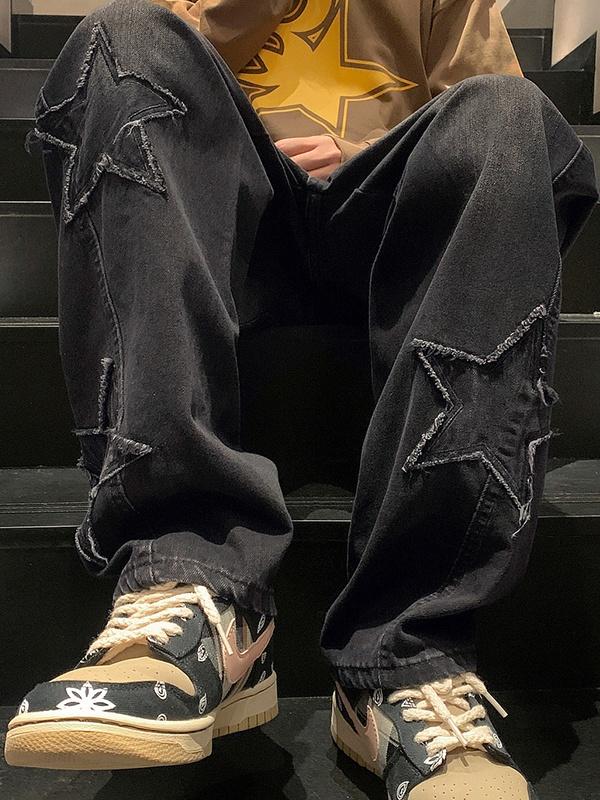 Men's Star Patchwork Loose Straight Leg Jean Product Image