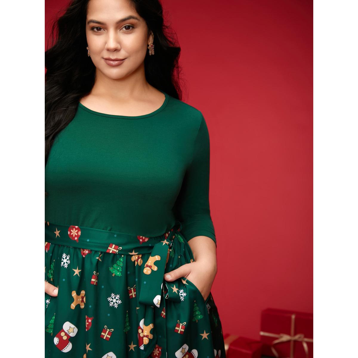 Plus Size Holiday Everything Printed Skirt Fit-and-Flare Midi Dress DarkGreen Women Elegant Belted Round Neck Elbow-length sleeve Curvy BloomChic 14-16/1X Product Image