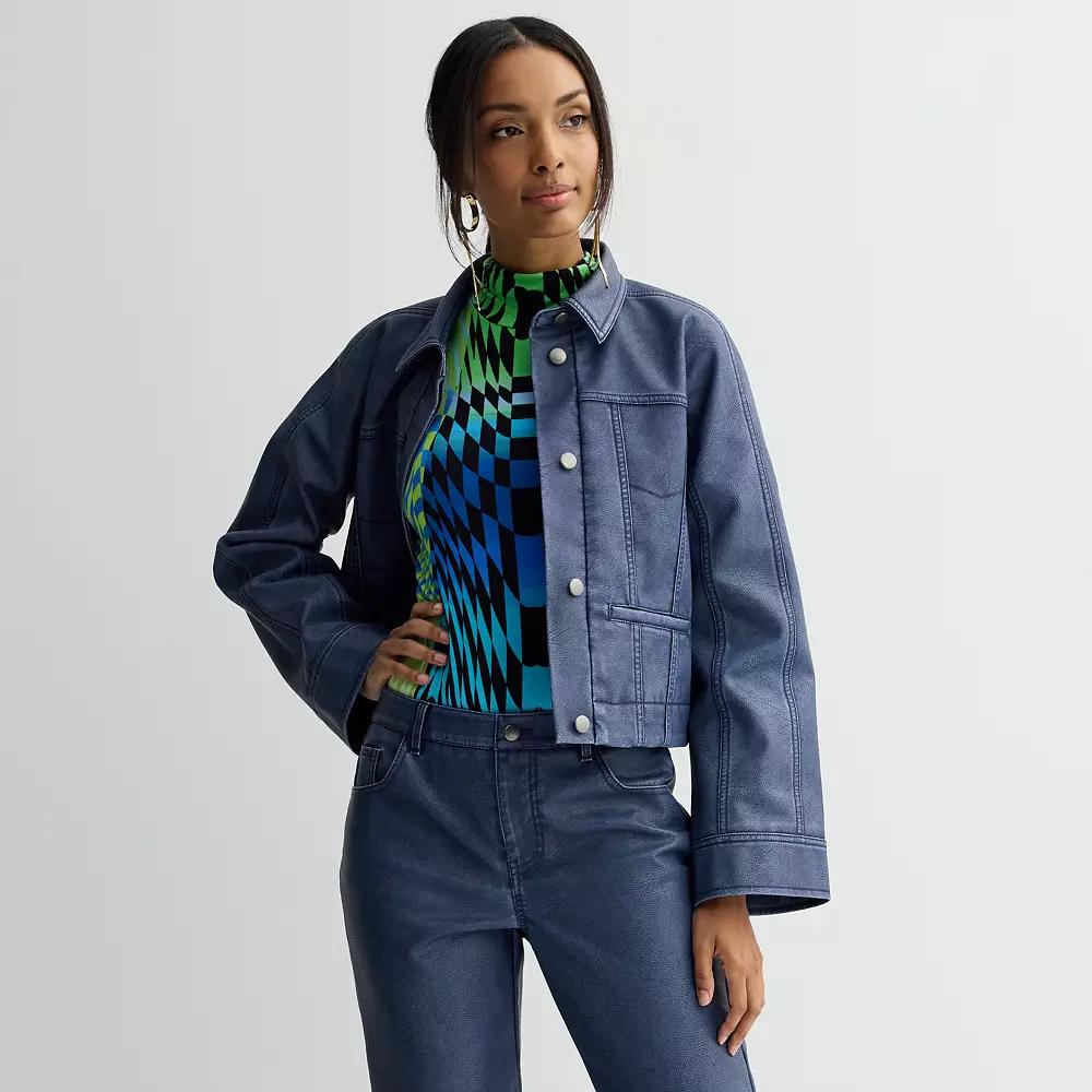 Women's INTEMPO™ Denim Colored Faux Leather Jacket, Size: Small, Blue Pleather Product Image