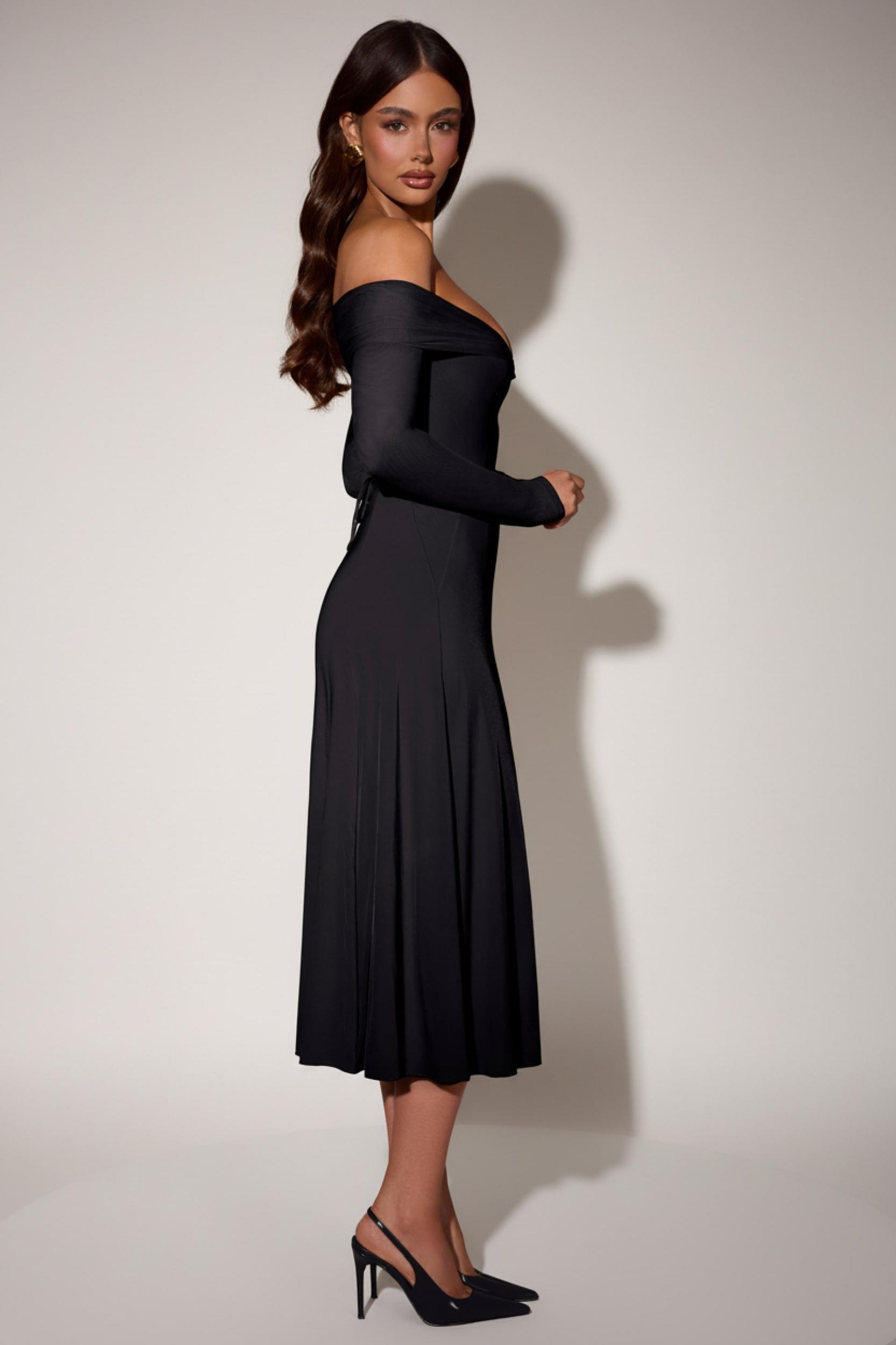 Off-Shoulder Lace-Up A-Line Midaxi Dress in Black Product Image