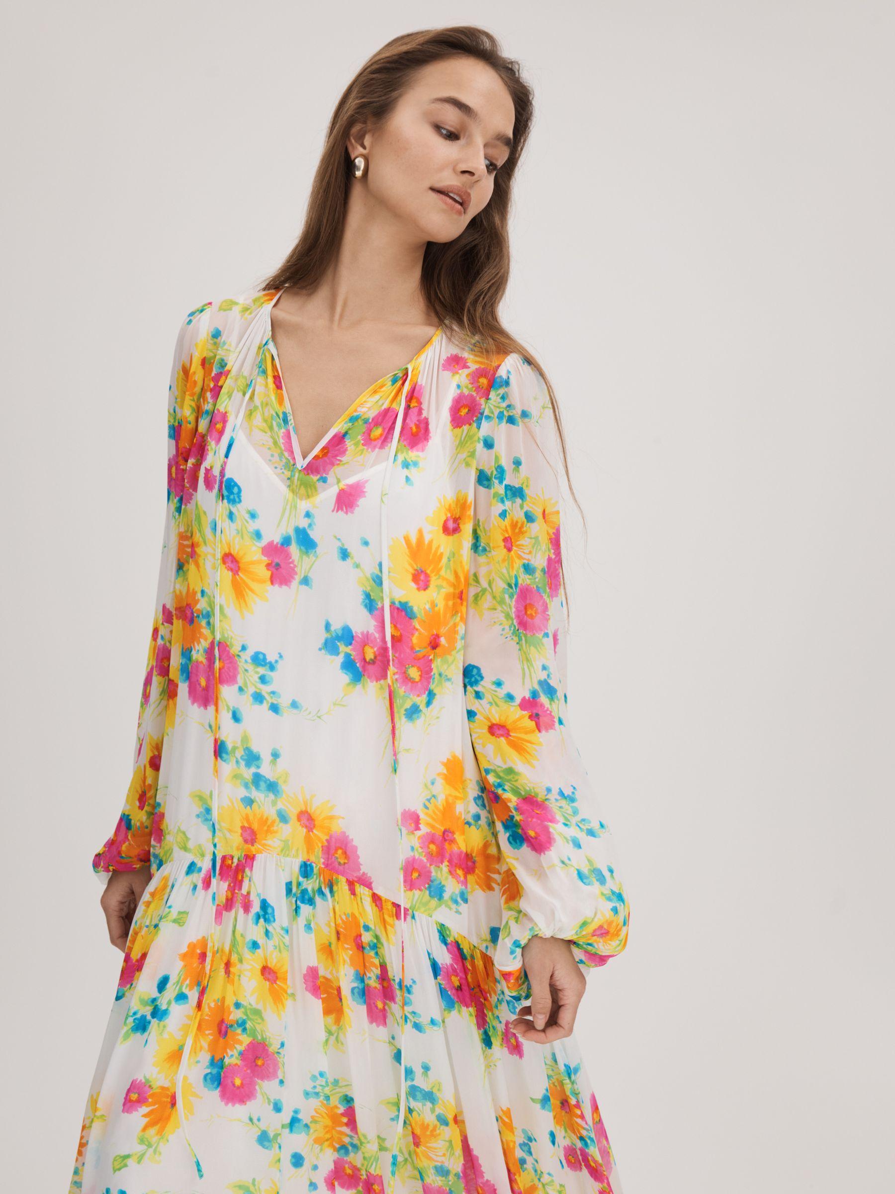 Florere Printed Tie Neck Midi Dress in Ivory/Multi Product Image