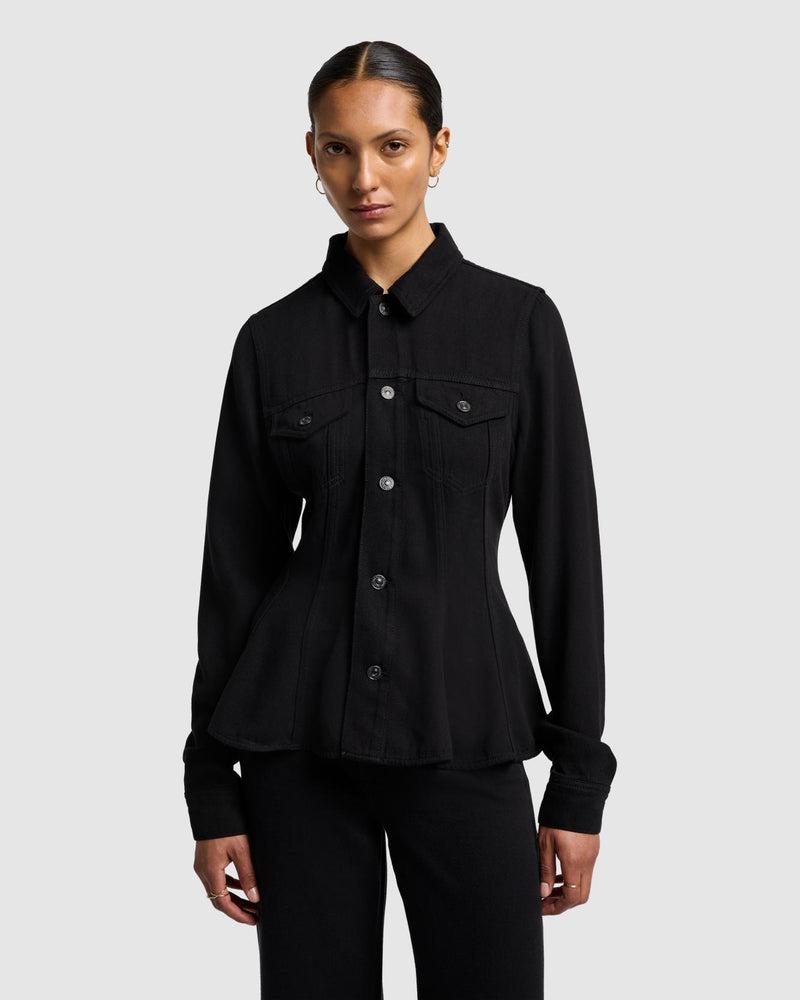 Denim Lustre Flounce Trucker Jacket Product Image