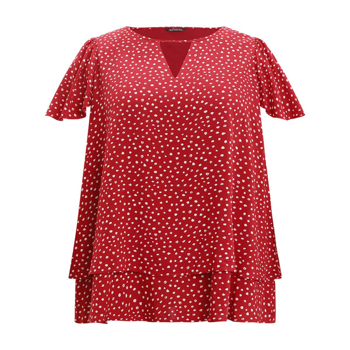 Plus Size Scarlet Polka Dot Keyhole Flutter Sleeve Layered Hem Blouse Women Elegant Short sleeve Keyhole Cut-Out Dailywear Blouses BloomChic 30/6X Product Image