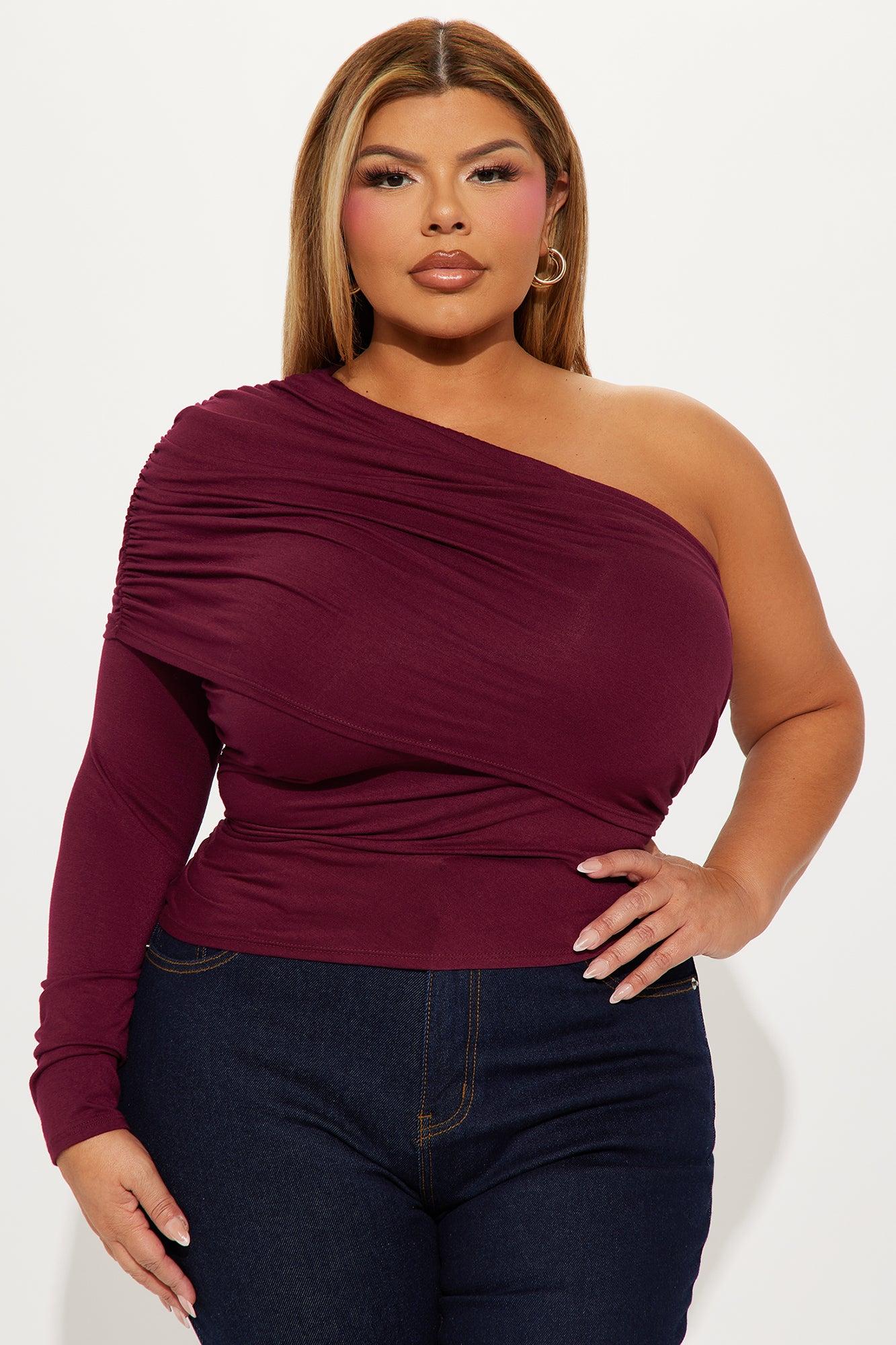 Venus Ruched Long Sleeve One Shoulder Top - Burgundy Product Image