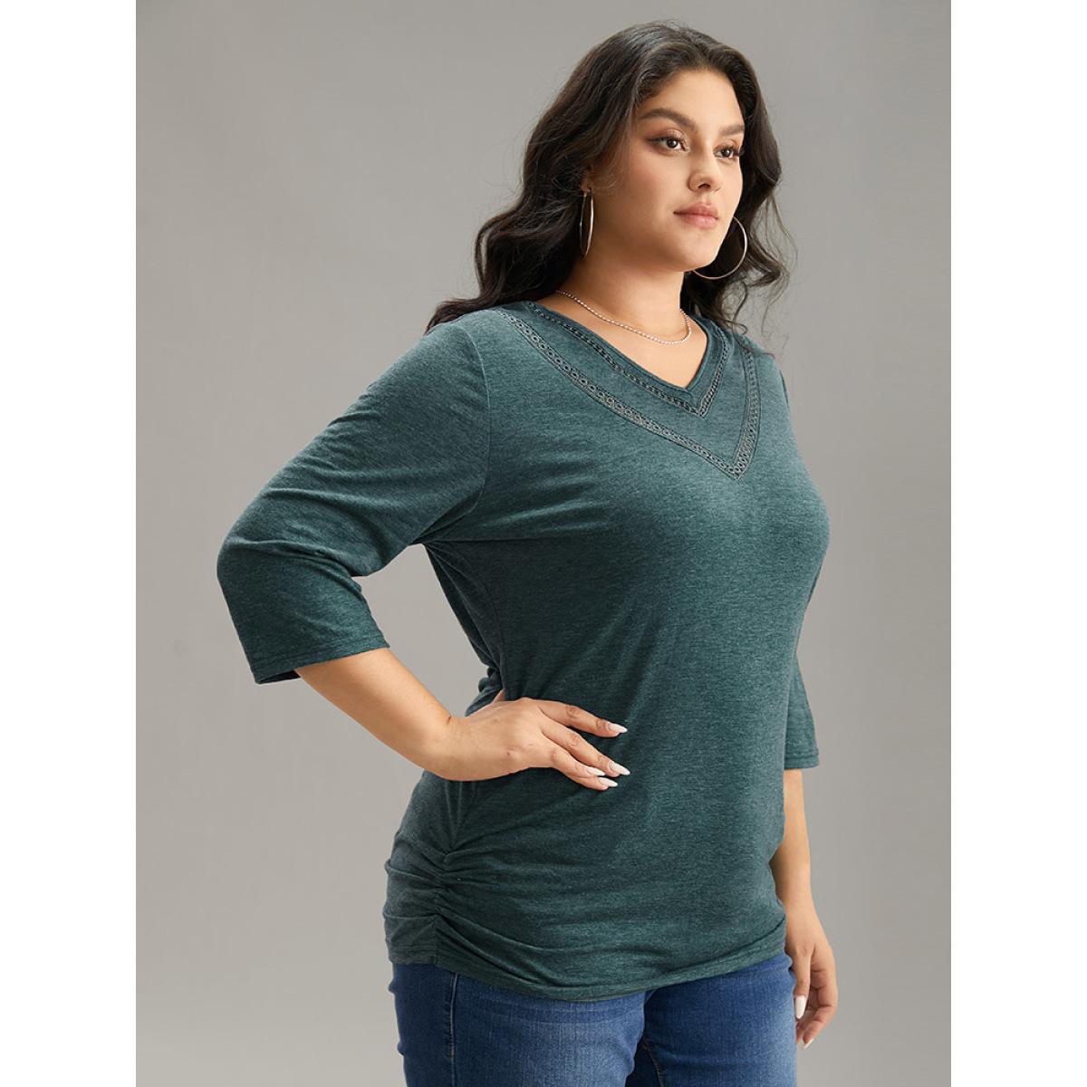 Plus Size Solid Gathered Contrast Lace V Neck T-shirt DarkGreen Women Elegant Gathered Plain V-neck Everyday T-shirts BloomChic 14-16/1X Product Image