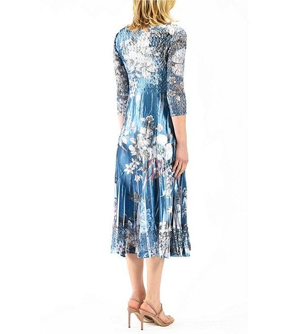 Komarov Charmeuse Floral Print Lace V-Neck 3/4 Sleeve Pleated Fit and Flare Midi Dress Product Image