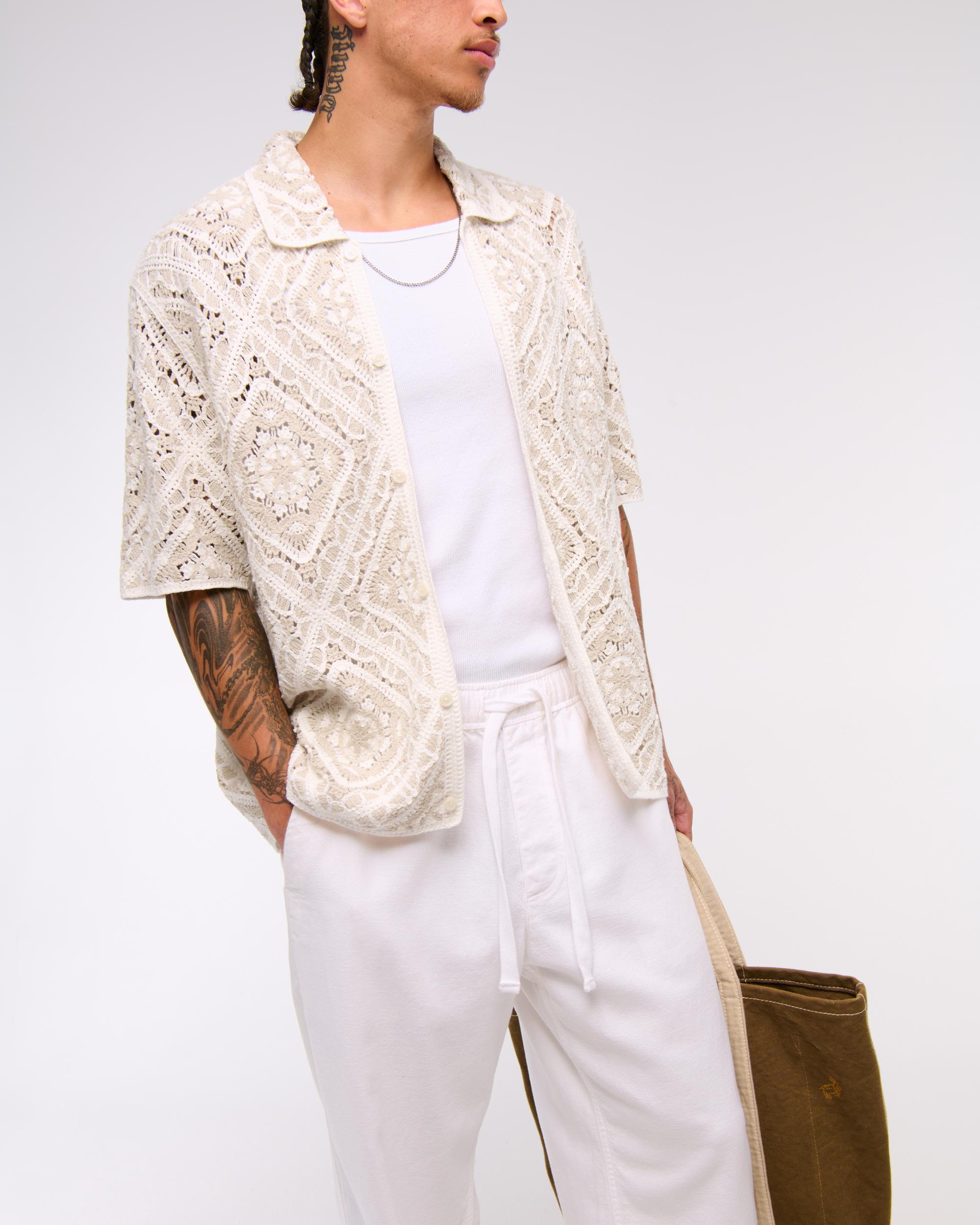 Crochet-Style Border Stripe Button-Through Sweater Polo Product Image