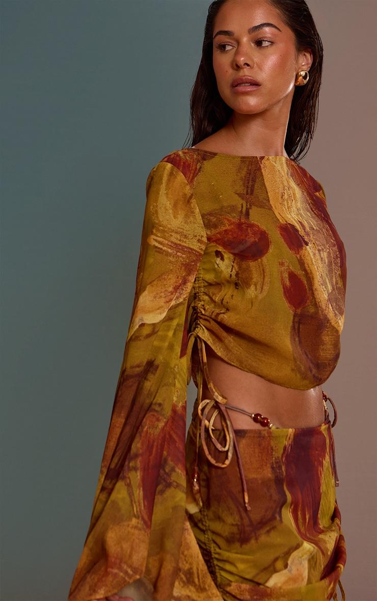  Green Abstract Print Bead Trim Chiffon Beach Top Product Image