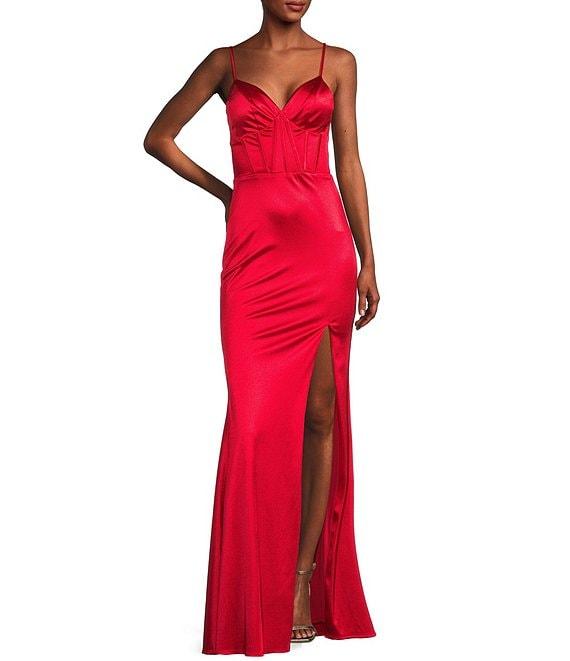 Midnight Doll Spaghetti Strap Corset Satin Gloves Long Dress Product Image