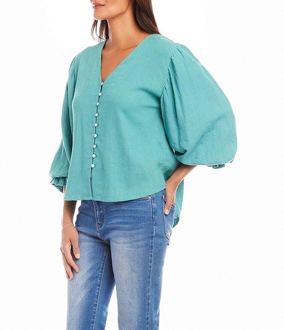 Karen Kane Linen Button Front V-Neck 3/4 Blouson Sleeve Blouse Product Image
