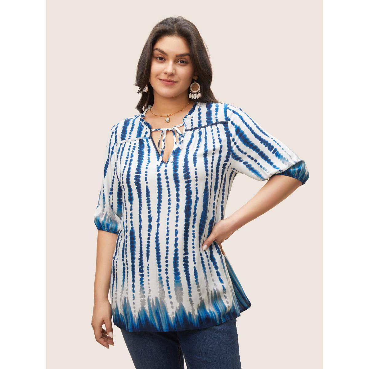 Plus Size DarkBlue Tie Dye Tie Neck Frill Trim Blouse Women Resort Half Sleeve Notched collar Vacation Blouses BloomChic 22-24/3X Product Image