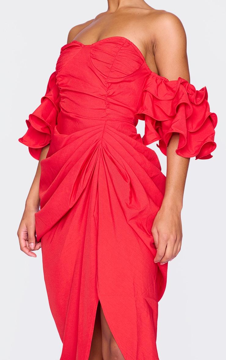 Red Bardot Frill Sleeve Draped Midi Dress Product Image