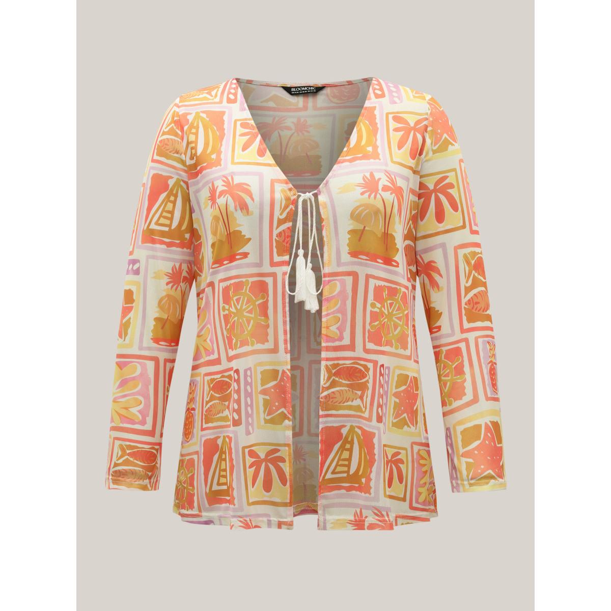 Plus Size Island Ready Print Mesh Tassels Kimono Women Multicolor Tie knot Vacation Kimonos BloomChic 28/5X Product Image