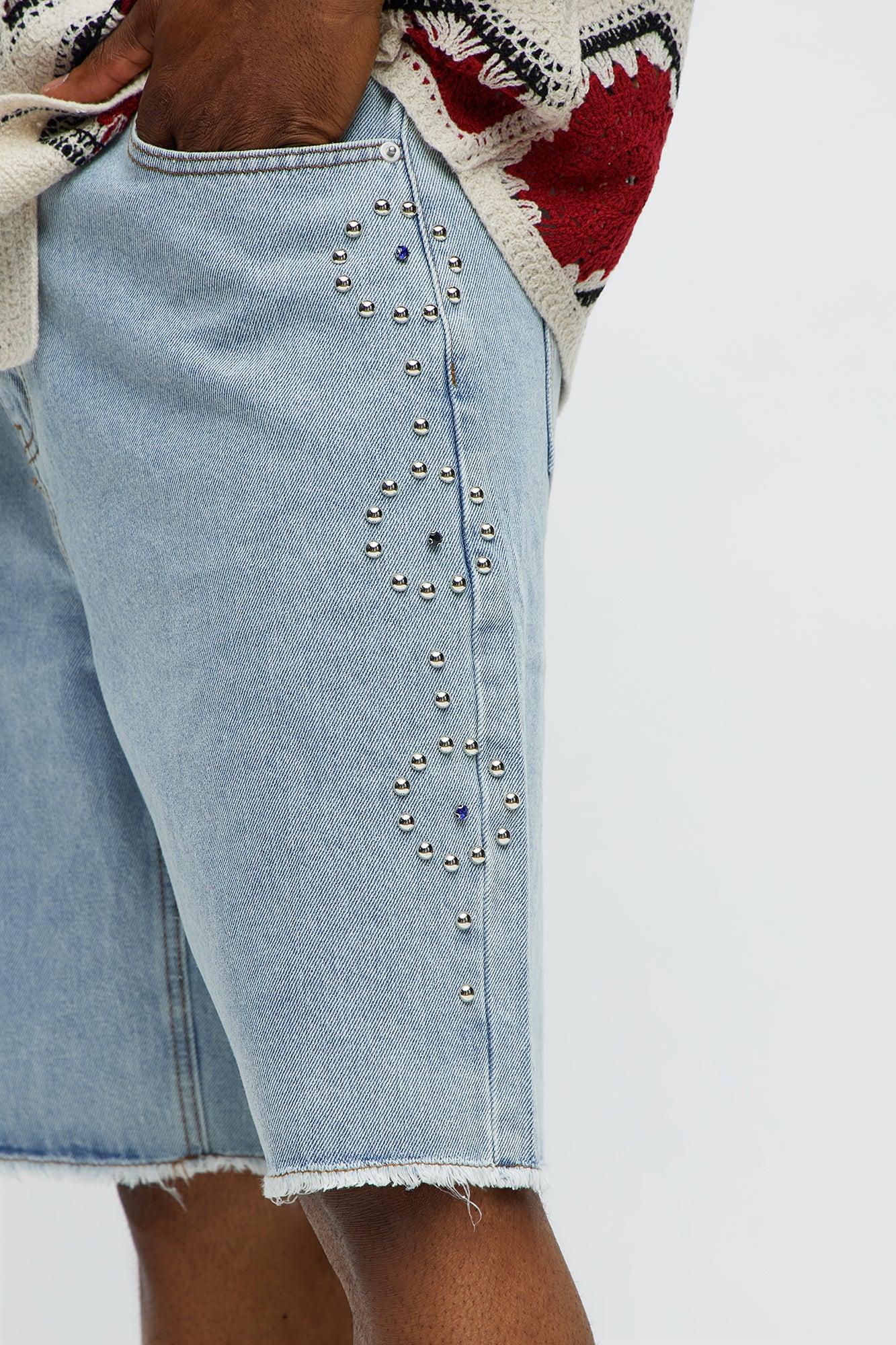 Relaxed Come In Clutch Studded Denim Shorts - Light Blue Wash Product Image