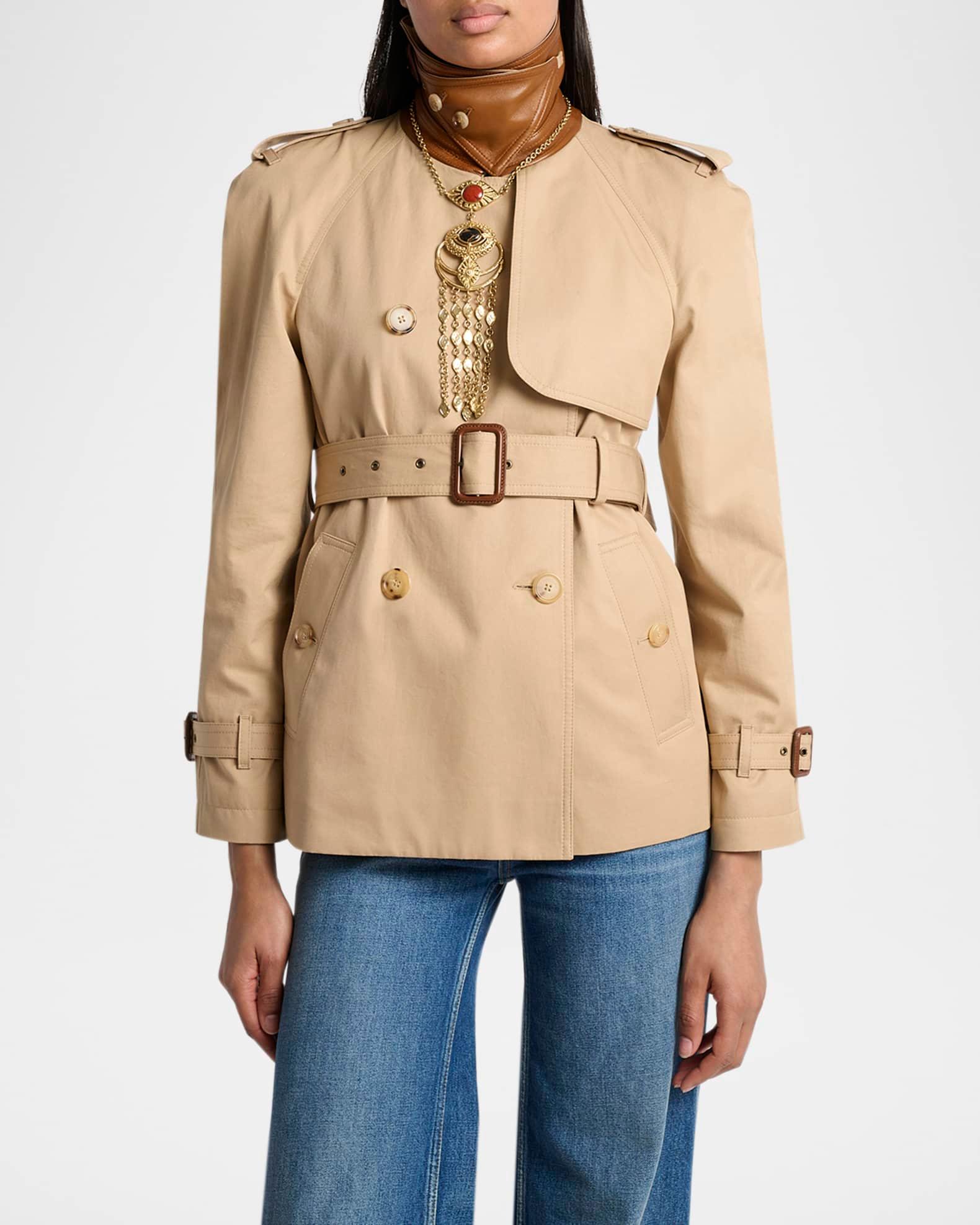 Leather-Collar Double-Breasted Short Trench Coat With Belt Product Image
