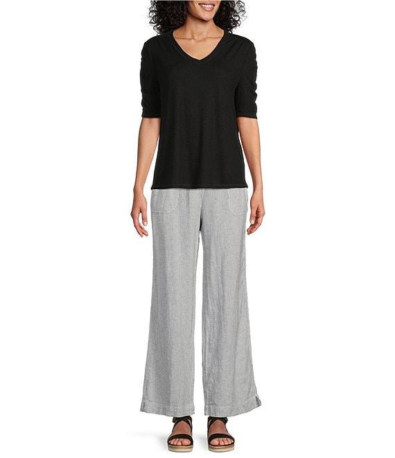 Westbound Stripe Print Smocked Waist Mid Rise Wide Leg Linen Pants Product Image