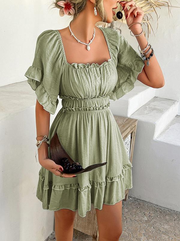 A-line High Waisted Elasticity Pleated Ruffle Trim Solid Color Square-neck Mini Dresses Product Image