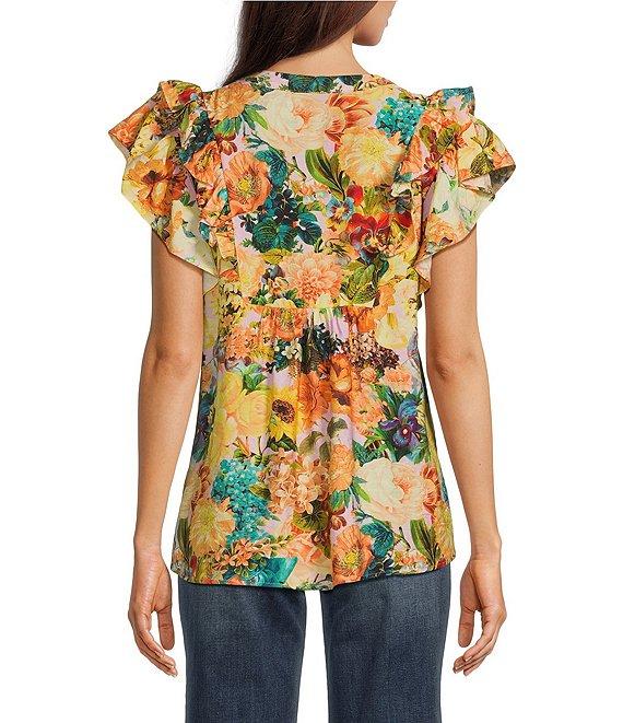Calessa Embroidered Vintage Floral Print Split V-Neck Ruffled Cap Sleeve Tunic Product Image