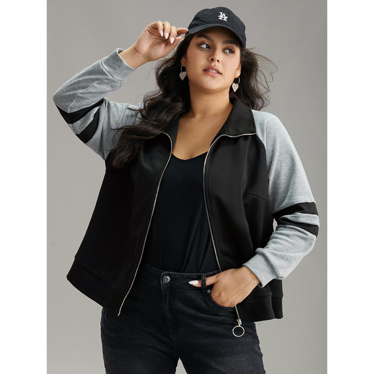 Plus Size Contrast Contrast Trim O Ring Zipper Jacket Women Black Contrast Everyday Jackets BloomChic 14-16/1X Product Image