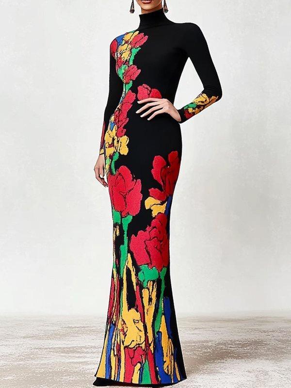 Skinny Flower Print Multi-Colored High Neck Maxi Dresses Product Image