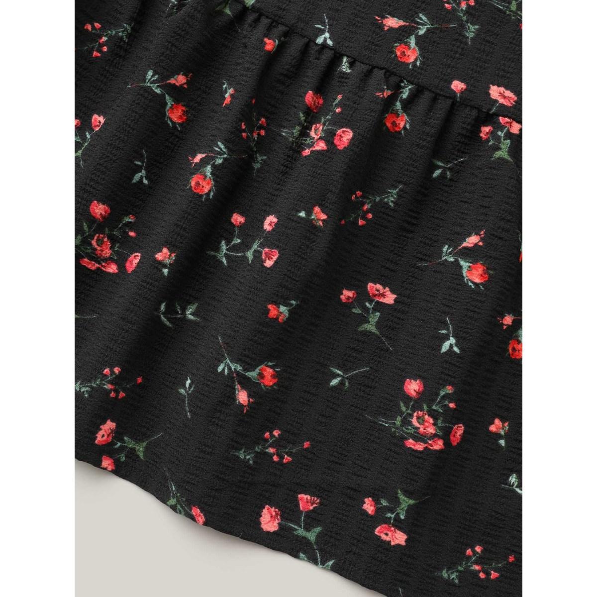 Plus Size Floral Flared Sleeve Tiered Midi Dress Black Women Elegant Texture Notched collar Short sleeve Curvy BloomChic 12/L Product Image