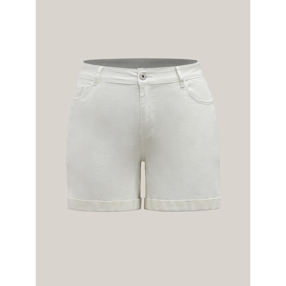 Plus Size Classic Cut Denim Shorts Women Denimbeige Medium stretch Casual Slanted pocket Denim Shorts BloomChic 12/L Product Image