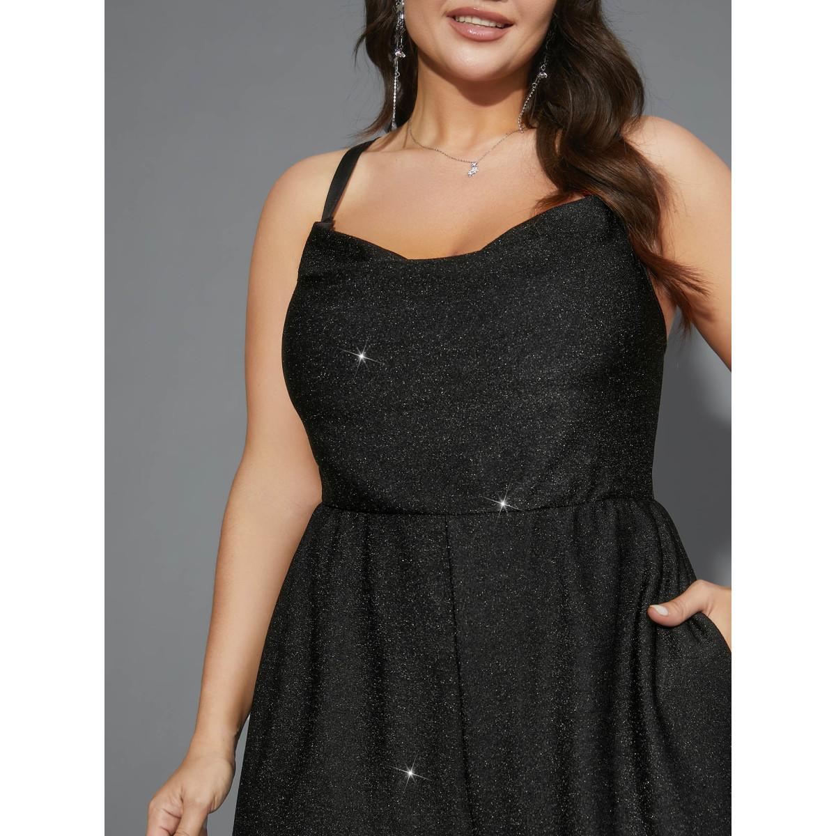 Plus Size Black Cross Back Straps Cowl Neck Jumpsuit Women Cocktail Sleeveless Cowl Neck Party Loose Jumpsuits BloomChic 26/4X Product Image