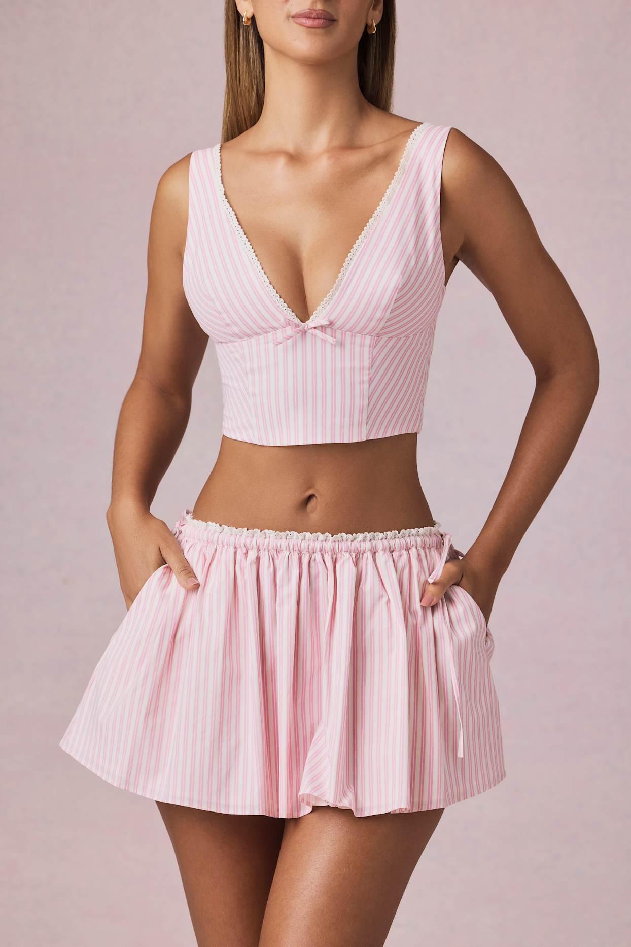 Bow-Detail Crop Top in Soft Mauve Stripe Product Image