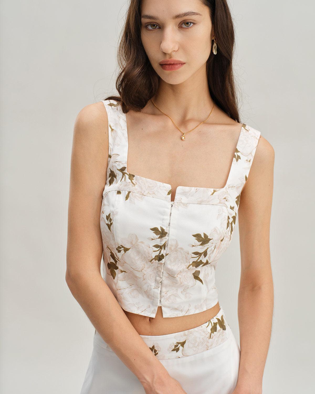 White Floral Shirred Square Neck Cami Top Product Image