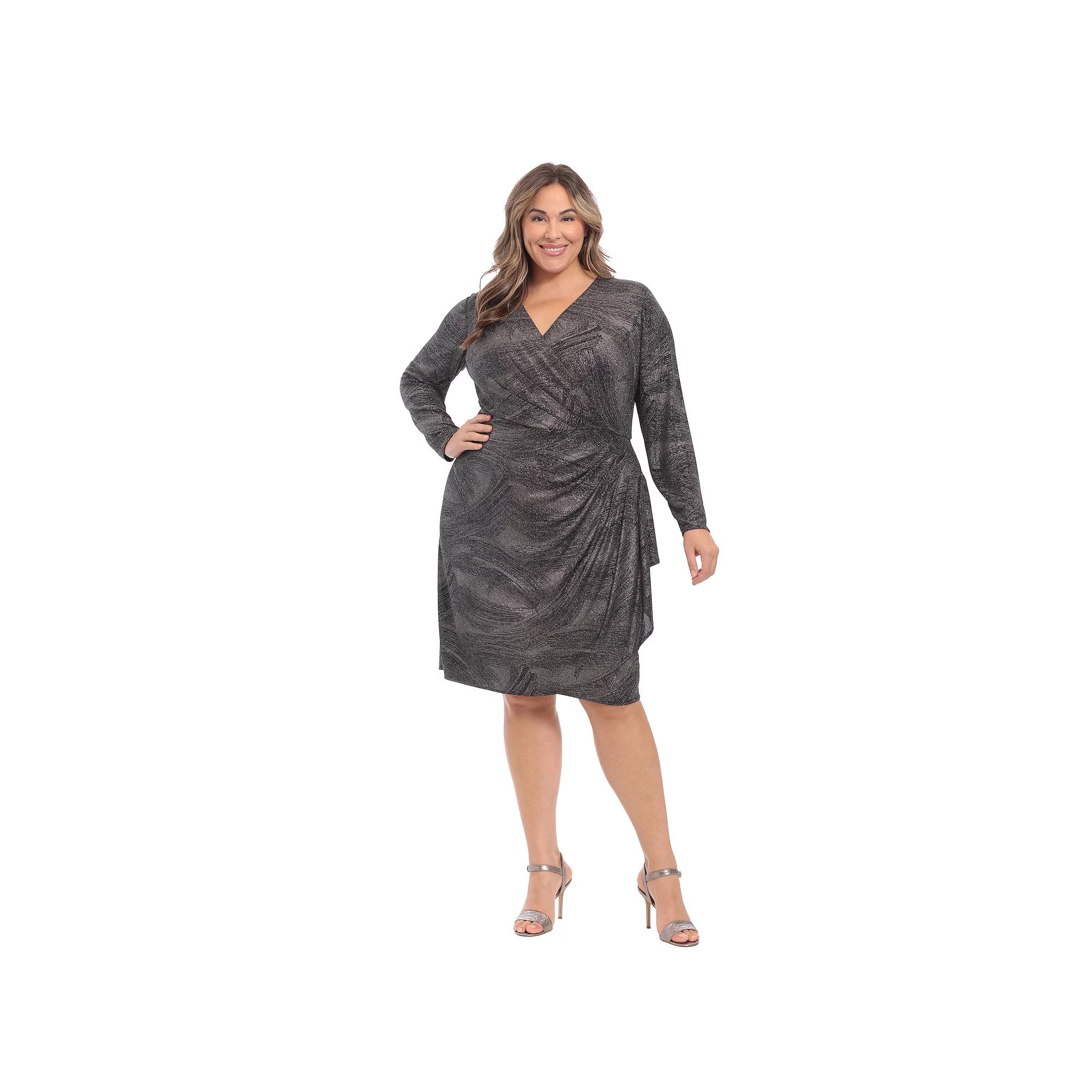 Plus Size London Times Wrap Cascade Dress, Women's, Size: 14 W, Black Gun Product Image