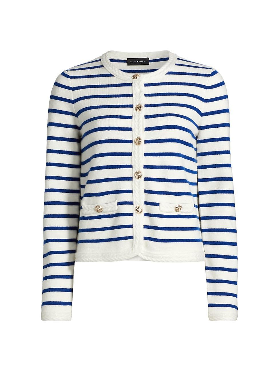 Womens Makena Striped Wool-Cashmere Crewneck Cardigan Product Image