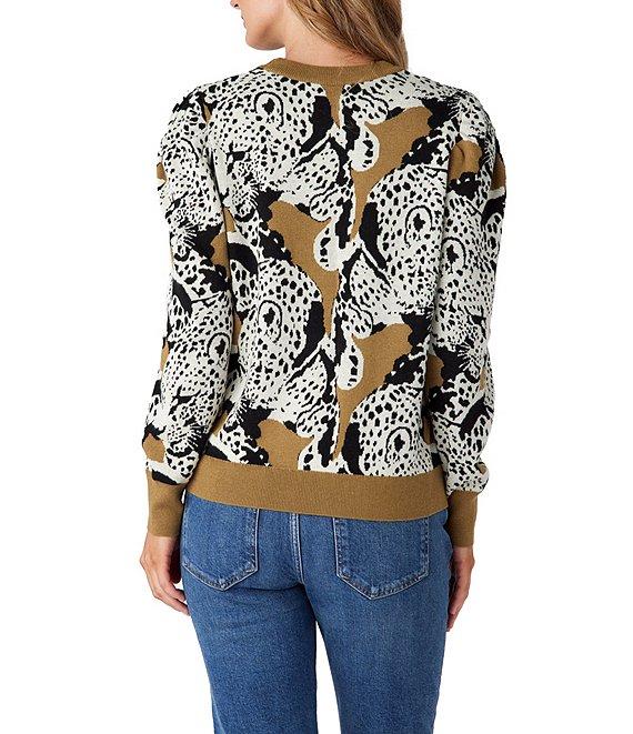 CROSBY by Mollie Burch Bixby Cashmere Blend Intarsia Leopard Crewneck Long Puff Sleeve Pullover Sweater Product Image